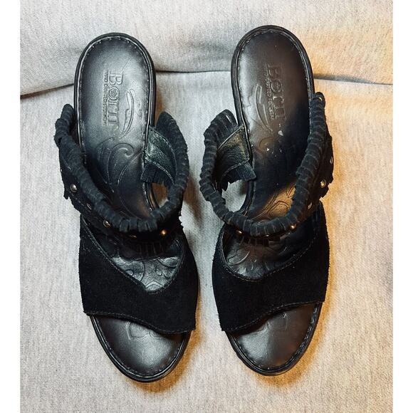 Born Kassidy Suede 90s/Y2K Style Black Block Heel Sandals Fringe Studs Boho sz 8 - Picture 3 of 9